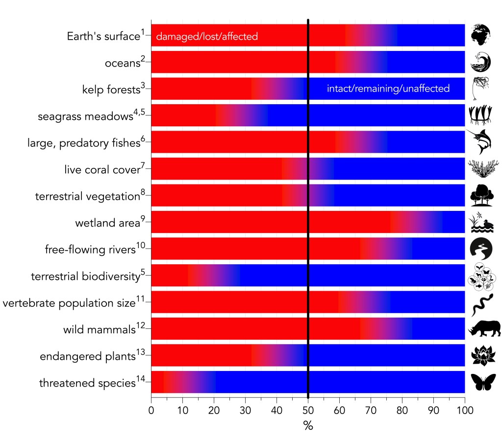 Summary of major environmental-change categories expressed as percentage relative to the baseline given in the text. Red indicates the percentage of the category that is damaged, lost, or otherwise affected, whereas blue indicates the percentage that is intact, remaining, or otherwise unaffected. Superscript numbers indicate the following references: 1IPBES, 2019; 2Halpern et al., 2015; 3Krumhansl et al., 2016; 4Waycott et al., 2009; 5Díaz et al., 2019; 6Christensen et al., 2014; 7Frieler et al., 2013; 8Erb et al., 2018; 9Davidson, 2014; 10Grill et al., 2019; 11WWF, 2020; 12Bar-On et al., 2018; 13Antonelli et al., 2020; 14Mora et al., 2011.